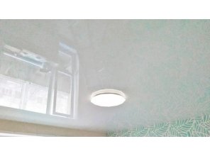 Бесшовный глянцевый натяжной потолок в гостиную 19,6 м2