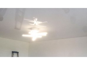 Бесшовный глянцевый натяжной потолок в гостиную 18,1 м2